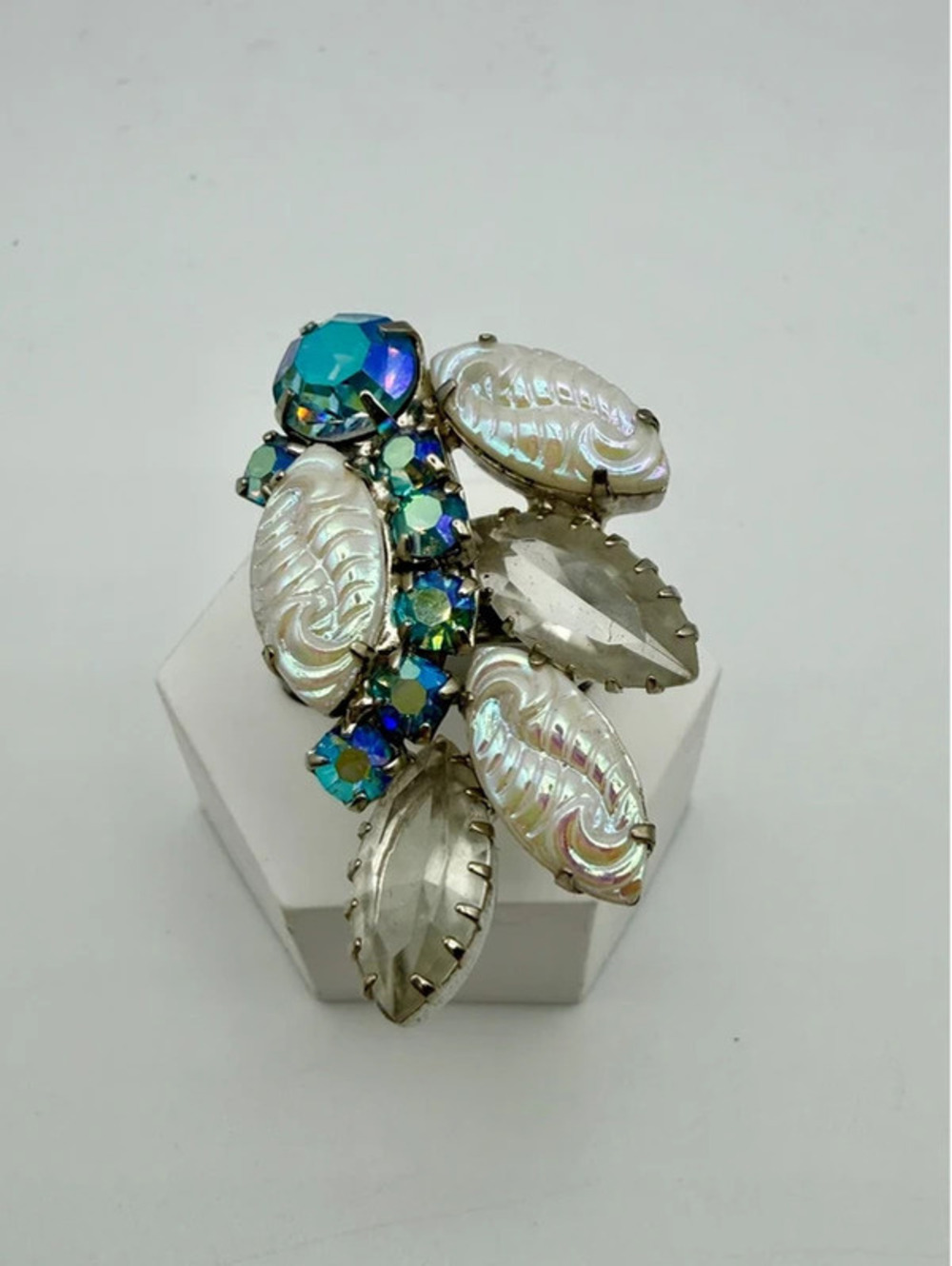 OOAK Vintage Earring Ring – AB Rhinestones & Iridescent Cabochons – Adjustable